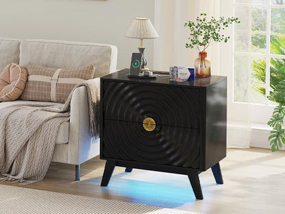 Gurexl Ripple Bedside Tables with 2 Power Outlet,Bedside Cabinet with Human Sensor,LED Nightstand with 3 Color Lights for Bedroom,Living Room,Black