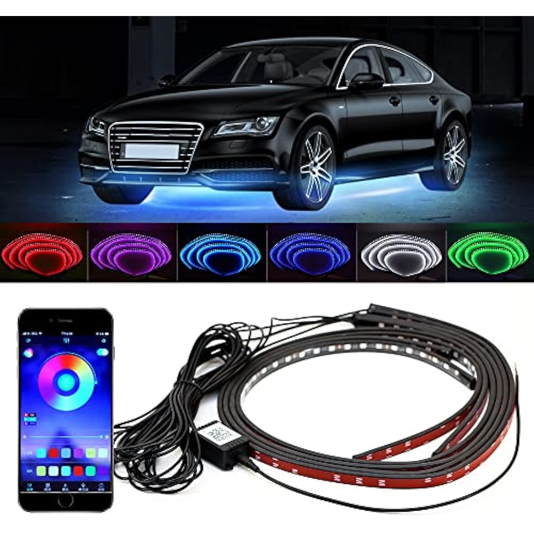 GDICONIC 4x RGB LED Under Car Tube Strip Underglow body Neon Light Kit Phone App Control RGB LED Strips Bluetooth Car Atmosphere Lights