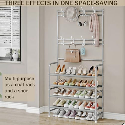 Dazioter Coat Rack Shoe Rack With Storage Shelf Freestanding with 8 Hooks for Entryway Bedroom (Grey, 4Tier)