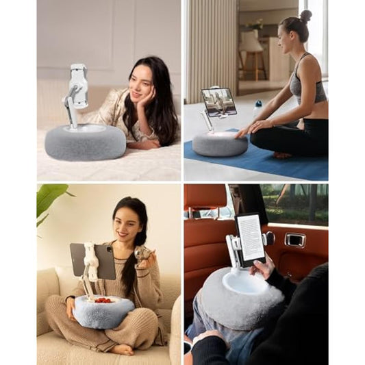 Viozon Tablet Stand with Pillow, Kindle Holder, Compatible with 4.7"-13" Phone/Tablet, iPad, iPhone, Google, Kindle, 360°Adjustable Phone Holder for Bed with Soft Plush Fabric, Detachable Bowl, Grey