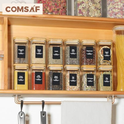 ComSaf 12 Pcs Glass Spice Jars with Bamboo Lids, 8oz/250ml Square Glass Storage Jars with 275 Black Lables, Airtight Spice Jars with Lids, Glass Container for Spice, Salt, Sugar, Seeds, Nuts etc