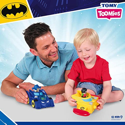 Toomies DC Comics BATMAN E73262 3 in 1 Batmobile from Vehicle Transforms into Mini Batmobile and Jet – Engine Popping Effect – Flywheel Drive Push Along – From 12 Months