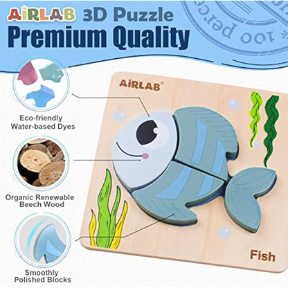 Airlab Montessori Toys for 1 2 3 Year Old Girls Boys, Wooden Jigsaw Baby Chunky Shape Puzzles, Fine Motor Skills Sensory Learning & Educational Travel Toys, First 1st Birthday Gifts