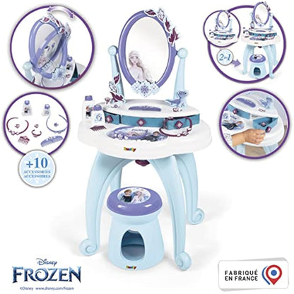 Smoby Disney, Frozen 2 in 1 Hairdressing Table, 10 accessories: 1 stool, 2 flasks, 1 necklace, 1 plastic headband, 3 rings, 1 bracelet, 1 hair clip, 1 comb, Purple, One Size (7600320244)