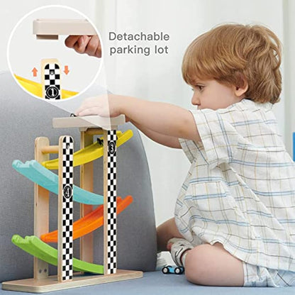 Top Bright Wooden Race Track Car Ramp Racer for 1 2 Year Old Boys Girls Gifts Presents, Toddler Toys with 4 Mini Cars