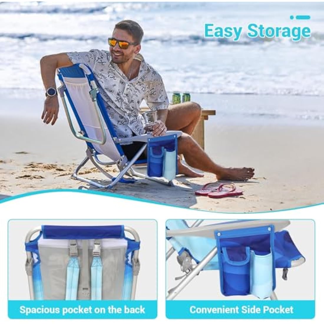 #WEJOY 4-Position Folding Beach Chair - Lightweight Aluminum Camping Chair for Adults, High Back Recliner with Pillow & Storage Pocket, Portable