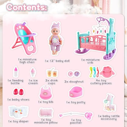 deAO ‘My First Baby Doll’ Play Set Includes Miniature Crib, High Chair, Feeding Accessories - 21 Pieces Toy Play Set (Baby Doll Included)