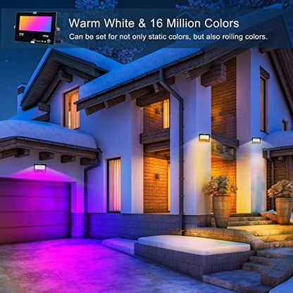 LED Flood Lights RGB Colour Changing 300W Equivalent Outdoor,30W Bluetooth RGBW Smart Floodlight APP Control, IP66 Waterproof, Timing, 2700K & 16 Million Colours for Garden Stage,2 Pack,DUSKTEC