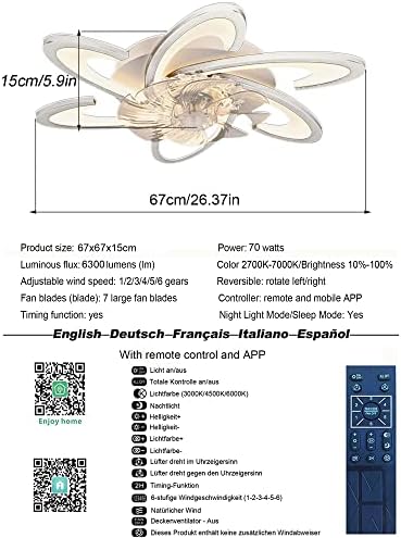 Bossen Ceiling Fan with Light, Φ67cm, 70W Quiet Modern Led Ceiling Light Fan Light with Remote Control and APP Dimmable 6 Lights for Living Room Bedroom Dining Room Ceiling Fans with Lamps (White)
