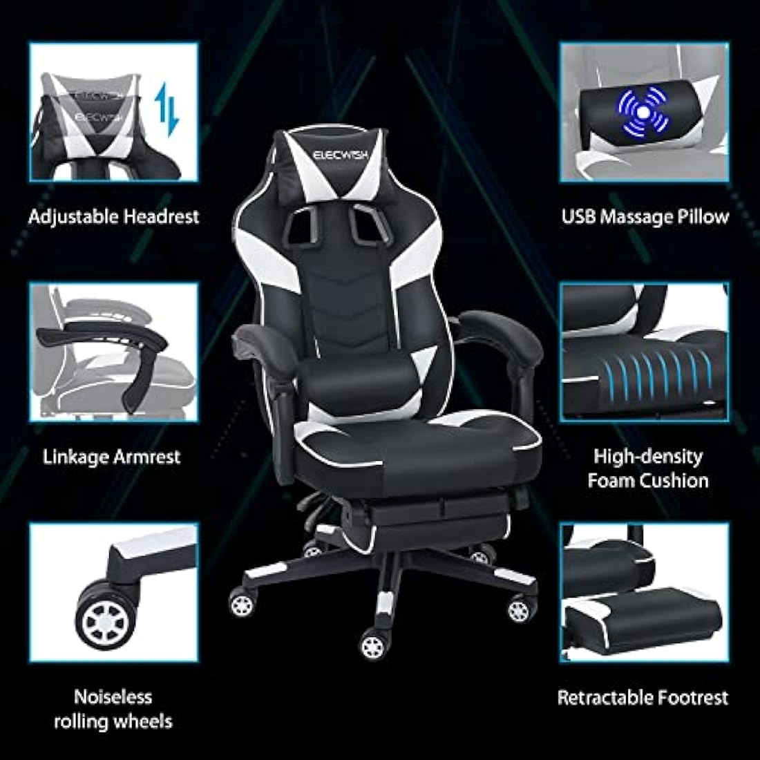 Fullwatt Computer Gaming Chair with Footrest and Adjustable Arms Reclining Swivel Chair, Desk Chair High Back with PU Leather for Home Office, white