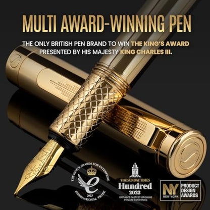Scriveiner Gold Luxury Fountain Pen (Fine) - Award Winning - Heavy Pocket Pen, Real Gold Plating, German Nib & Converter, Nice Gift Pens for Men & Women