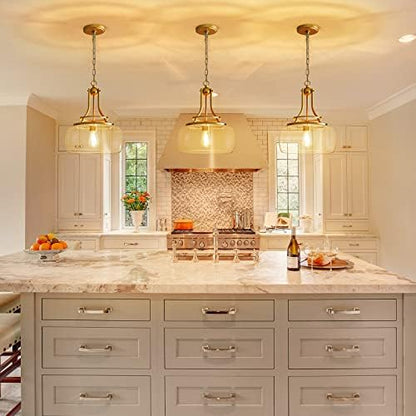 WUZUPS Chandelier Rustic Farmhouse Industrial Round Ceiling Pendant LED Light Fixture with Clear Glass Shades for Dining Room Kitchen Island Foyer Entryway, H 43 x W 34, E27 Base, Gold