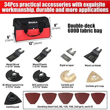 SHALL Oscillating Tool, 500W Oscillating Multitool Kit with 5° Oscillation Angle, Quick Change & Kickback Protection, 6 Variable Speeds, Auxiliary Handle, 34Pcs Saw Accessories and Carry Bag Included