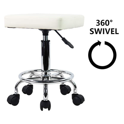 KKTONER Square Rolling Stool with Foot Rest PU Leather Height Adjustable Spa Drafting Salon Tattoo Work Swivel Stools Task Chair Small (White)