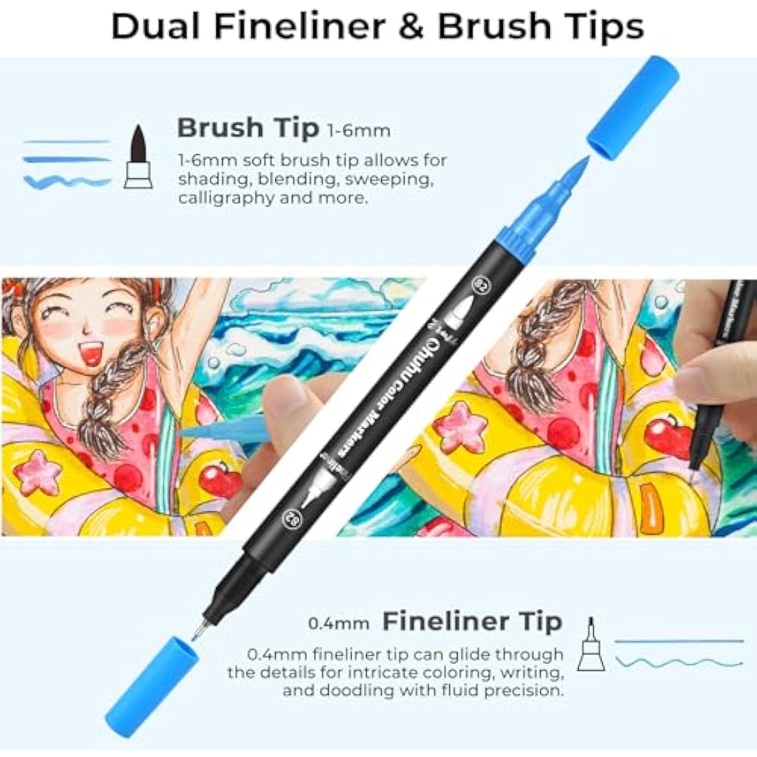 Ohuhu Colouring Pens 100 Colours, Dual Tip Brush Pens Felt Tip Pens, Art Markers with Fineliner, for Kids Adults Colouring Book Drawing Calligraphy Sketching Journal, Maui - Carrying Bag