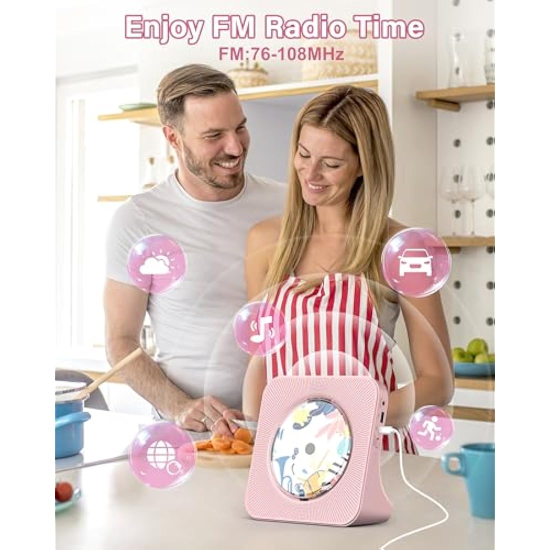 Greadio Portable CD Player with Bluetooth 5.0, Desktop CD Players for Home, CD Music Player with Speakers, Remote Control, Dust Cover, FM Radio, LCD Display, AUX, USB, Headphone Jack, Pink