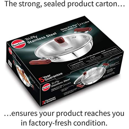 HAWKINS 2.5 Litre Deep Fry Pan, Triply Stainless Steel Kadai with Glass Lid, Flat Bottom Induction Kadhai, Silver (SSD25G)