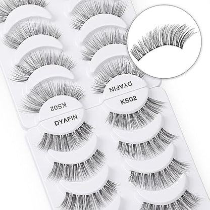 DYAFIN Natural Eyelashes 100% Handmade Lashes Reusable Soft False Eyelashes Lightweight Eye Lashes with Clear Band 3D Fake Eyelashes Long Wispy Eyelashes C Curl Lashes 8 Pairs