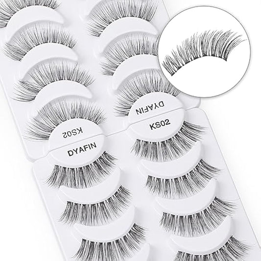 DYAFIN Natural Eyelashes 100% Handmade Lashes Reusable Soft False Eyelashes Lightweight Eye Lashes with Clear Band 3D Fake Eyelashes Long Wispy Eyelashes C Curl Lashes 8 Pairs