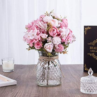 KELINGO Artificial LED Pink Rose Flowers with Glass Vase, Flower Arrangement for Table Centerpiece, Home Office Wedding Decoration