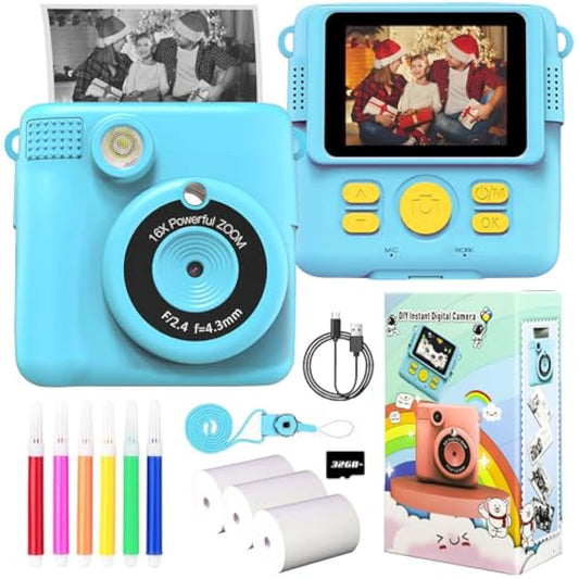 Kids Camera for Girls Boys, Instant Camera for Kids with Print Paper, 1080P HD Digital Camera Toy, Video Recorder, 32GB SD Card, 6 Color Pens, Birthday for 3 4 5 6 7 8 9 10+ Year Old