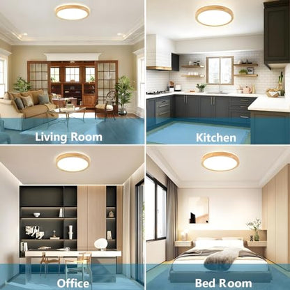 YYUTLUO LED Ceiling Light Wood, Top 360 Glow Round Natural Wooden Lamp | 4500K Natural White, 18W 1600lm | Living Room, Kitchen, Dining Room,