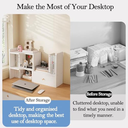 NUODWELL Expandable Desktop Bookshelf, Freestanding Adjustable Office Storage Rack Desk Tidy Organiser Countertop Bookcase for Office & Home (White)