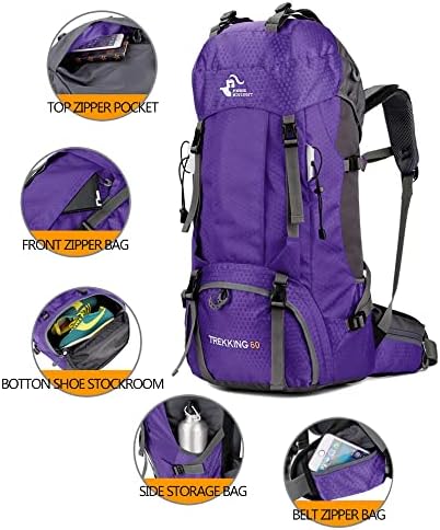 Bseash 60L Waterproof Hiking Camping Backpack with Rain Cover, Lightweight Outdoor Sport Travel Daypack Rucksack for Climbing Skiing