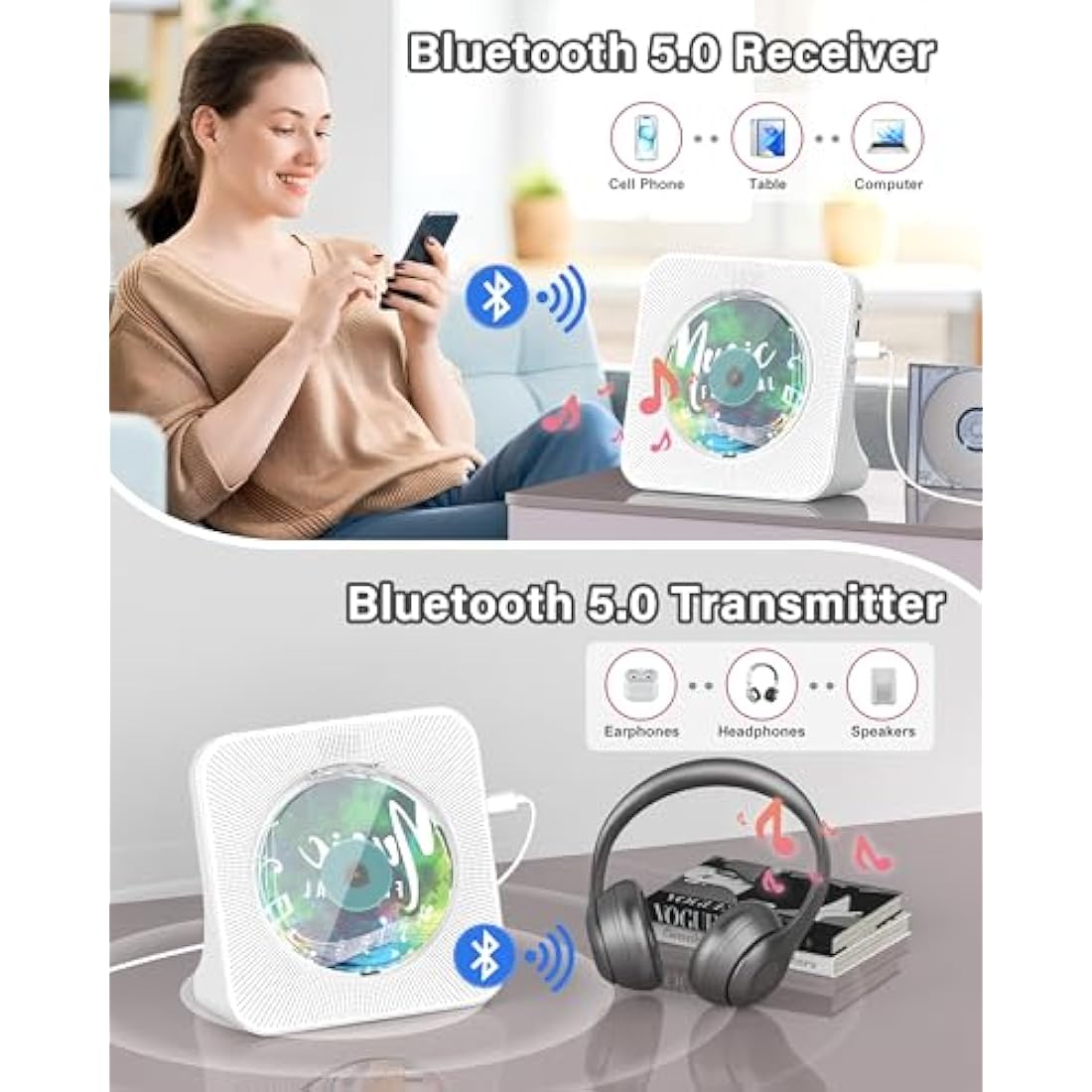 Portable CD Player with Bluetooth 5.0, Greadio Desktop CD Players for Home, CD Music Player with Speakers, Remote Control, Dust Cover, FM Radio, LCD Display, AUX, USB, Headphone Jack