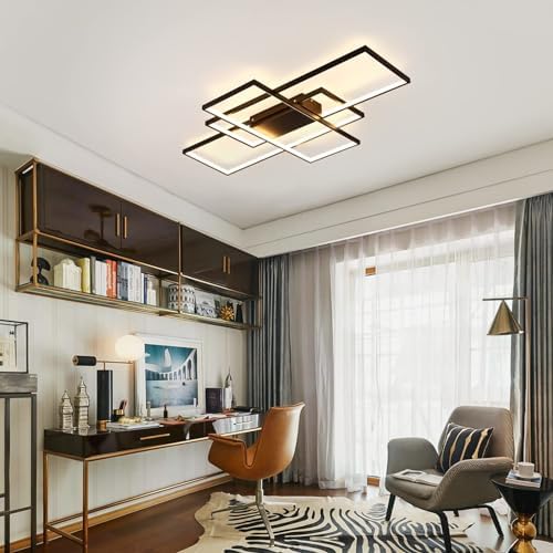 JIINOO Dimmable LED Ceiling Light, 110cm Flush Mounted Ceiling Light with Remote Control, 70W Square Acrylic Modern Simple Design Fixture for Bedroom Living Room, Black