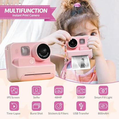 Mafiti Kids Camera Instant Print, 48MP Digital Camera with Zero Ink, Selfie 1080P Video Camera with 32G TF Card, Toys Gifts for Girls Boys Aged 3-12 for Christmas/Birthday/Holiday (Pink)