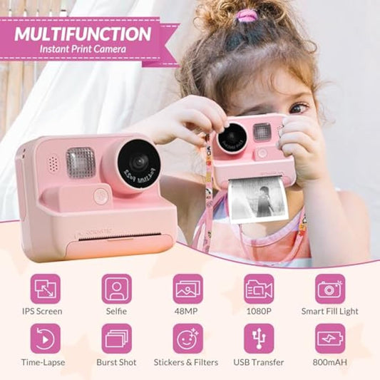 Mafiti Kids Camera Instant Print, 48MP Digital Camera with Zero Ink, Selfie 1080P Video Camera with 32G TF Card, Toys Gifts for Girls Boys Aged 3-12 for Christmas/Birthday/Holiday (Pink)
