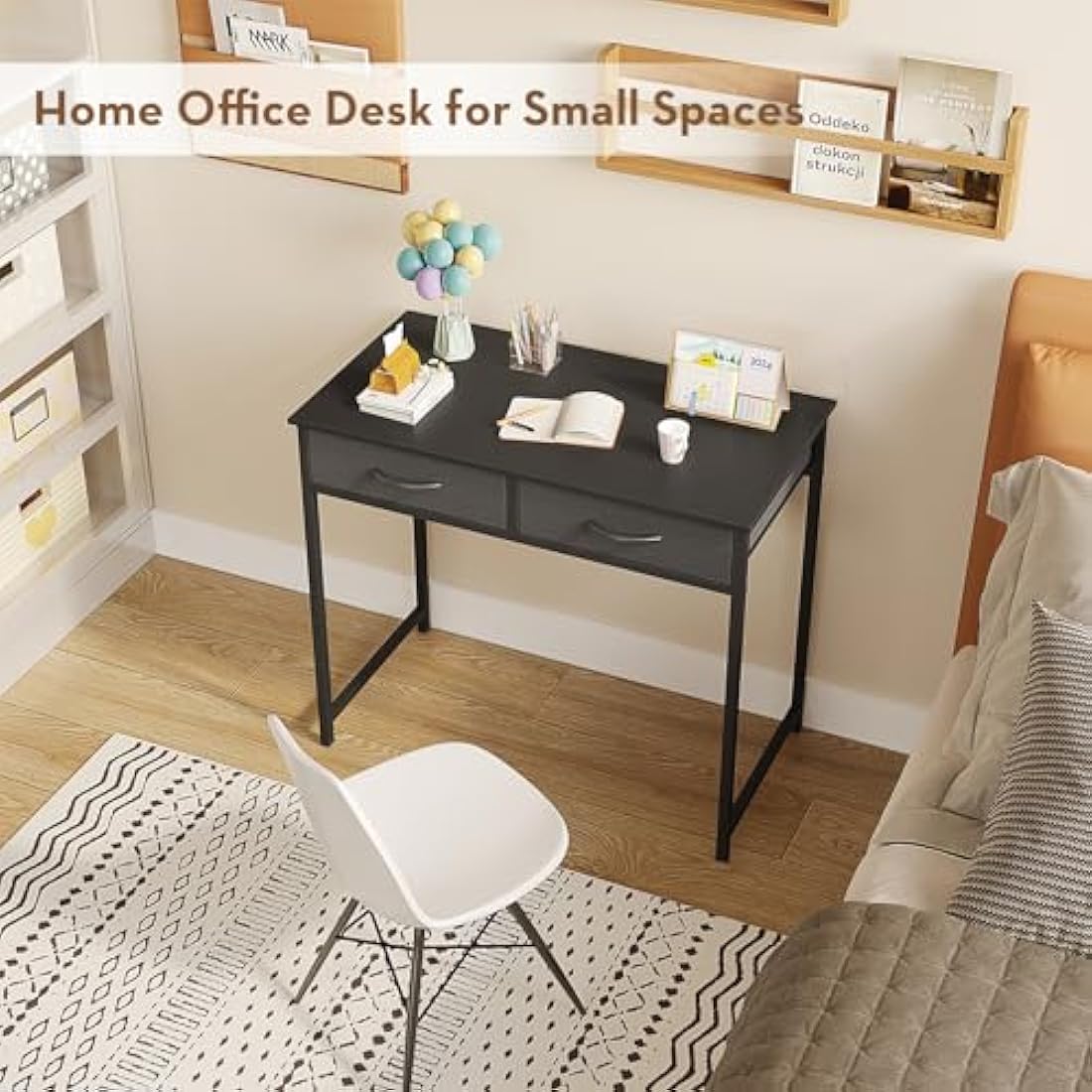 WOHOMO Small Computer Desk with Drawers, 31.5 Inch Black Vanity Desk with Storage, Home Office Computer Desks for Small Spaces, Modern Work Writing Study Table, Black