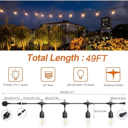 Spacelumen 49FT Outdoor String Lights Mains Powered, 16 Pcs 2W S14 LED E27 Screw Bulb, 2700K Warm White S14 Garden String Festoon Lights for Patio Party Wedding Yard Gazebo