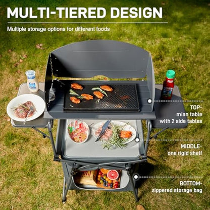 EVER ADVANCED Camping Kitchen Unit with Storage, Folding Outdoor Kitchen Table with Windscreen, Foldable BBQ Table for Camping Storage Picnic Dining Party, Includes Carry Bag