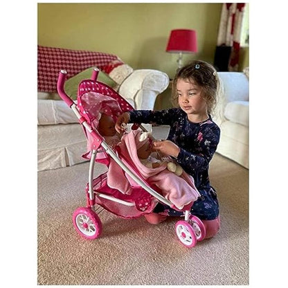 Roma Dotty Dolls Pram with 2 Seats - Dolls Pushchair for 2 Dolls or Teddies, Dolls Double Buggy with Handle Height of 65cm, Suitable for Age 3+, Includes Shopping Basket