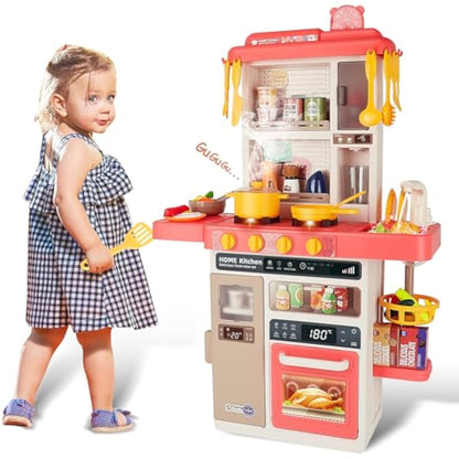 deAO Kitchen Playset Toy with Realistic Lights & Sounds, Kids Play Kitchen Set with Simulation of Spray Features, Pretend Role Play Toys with Lots of Kitchen Accessories Gift for Toddlers (Pink)