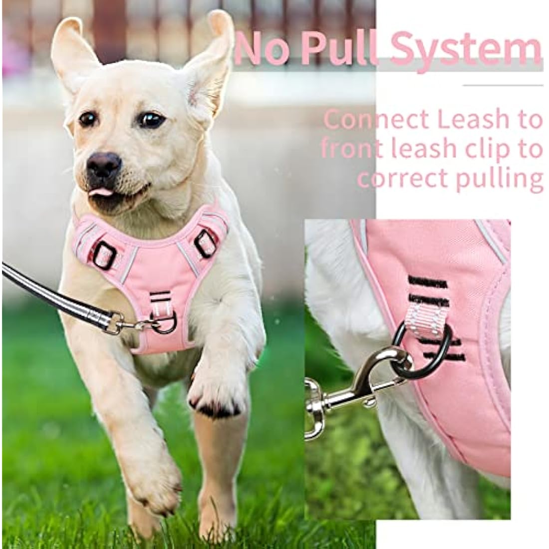 HEELE Dog Harness, Reflective Dog Harness, with Padded Handle Control, 2 Metal Rings, Harness for Small Medium and Large Dogs, Pink, L
