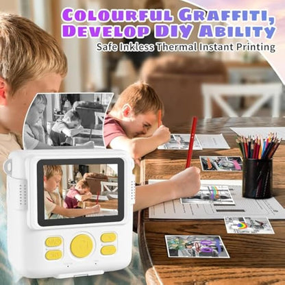 Instant Print Camera, Kids Camera Digital Camera 1080P HD Photo and Video Recording with 32G SD Card, 3 Rolls Photo Paper for Age 6-12 Boys and Girls Birthday Chirstmas Gifts (White)