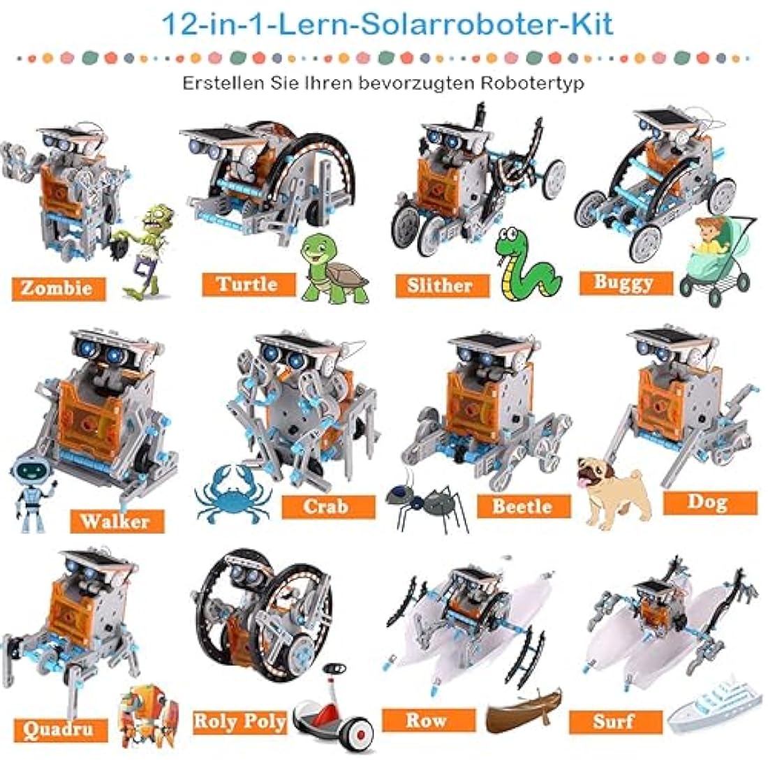 ACELIFE STEM Solar Robot Toy 12-in-1 Educational Science Kit DIY Building Toy Construction Engineering Set for Kids Age 8-12 Boys & Girls Birthday, Solar Powered Toy-Grey