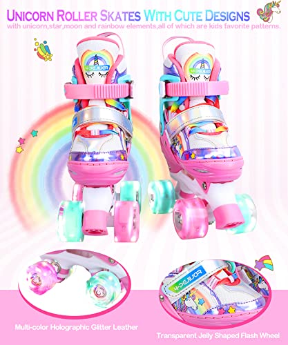 Unicorn Rainbow Kids Roller Skates for Girls Boys Toddler Ages 3-12, Adjustable Beginner Profession Kids Quad Skates, Children's Rollerskates for