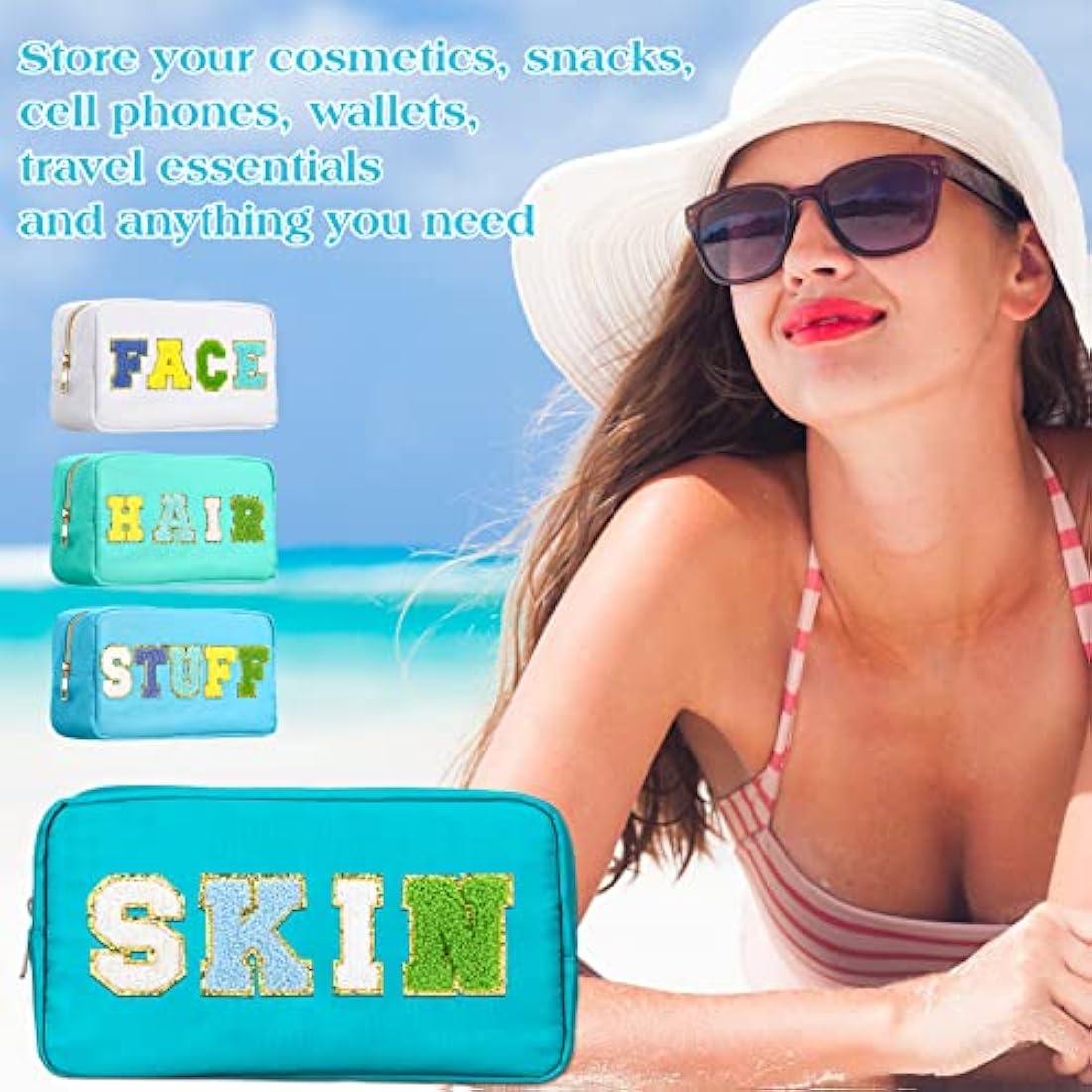 4 Pcs Preppy Makeup Bag Chenille Letter Nylon Cosmetic Bag Makeup Organizer Bag Toiletry Cosmetic Case Preppy Bag with Zipper Stuff Bag Cosmetic Pouch Makeup Pouch for Women Teen Girl, Bright Colors