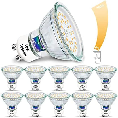 Unikcst GU10 LED Light Bulbs Dimmable 10W Warm White 3000K Spotlight Bulbs Replaces 100W Halogen Lamp, Super Bright 1050lm Spot Lights 220-240V, Beam Angle 120°, 10 Pack