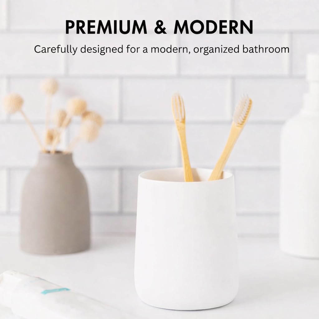 Yew Design Matte White Toothbrush and Toothpaste Holder and Cup for Bathroom Vanity and Countertop, Round Organizer for Electric Toothbrushes, Floss