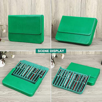 Hiram Leather Pen Case for 12 Pens Vegetable Tanned Leather Fountain Pen Storage Box with Hidden Magnetic Snap Closure and Pen Tray Design (Green)