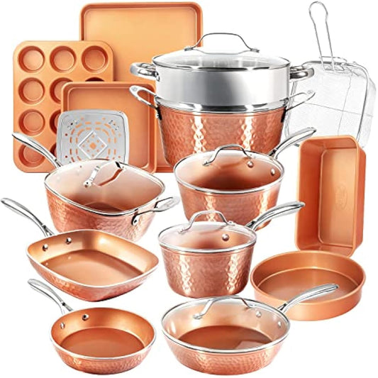Gotham Steel Hammered Copper Collection – 20 Piece Premium Cookware and Bakeware Set with Nonstick Copper Coating, Includes Skillets, Stock Pots