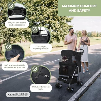 Mobiclinic® Pets Foldable Dog Pram, Up to 15 kg, Ideal for Small Dogs, Pet Stroller, Zuma, Wheels with 360° Brakes, XXL Basket, 3 Windows with Zip and Mosquito Net, Cup Holder (Black)