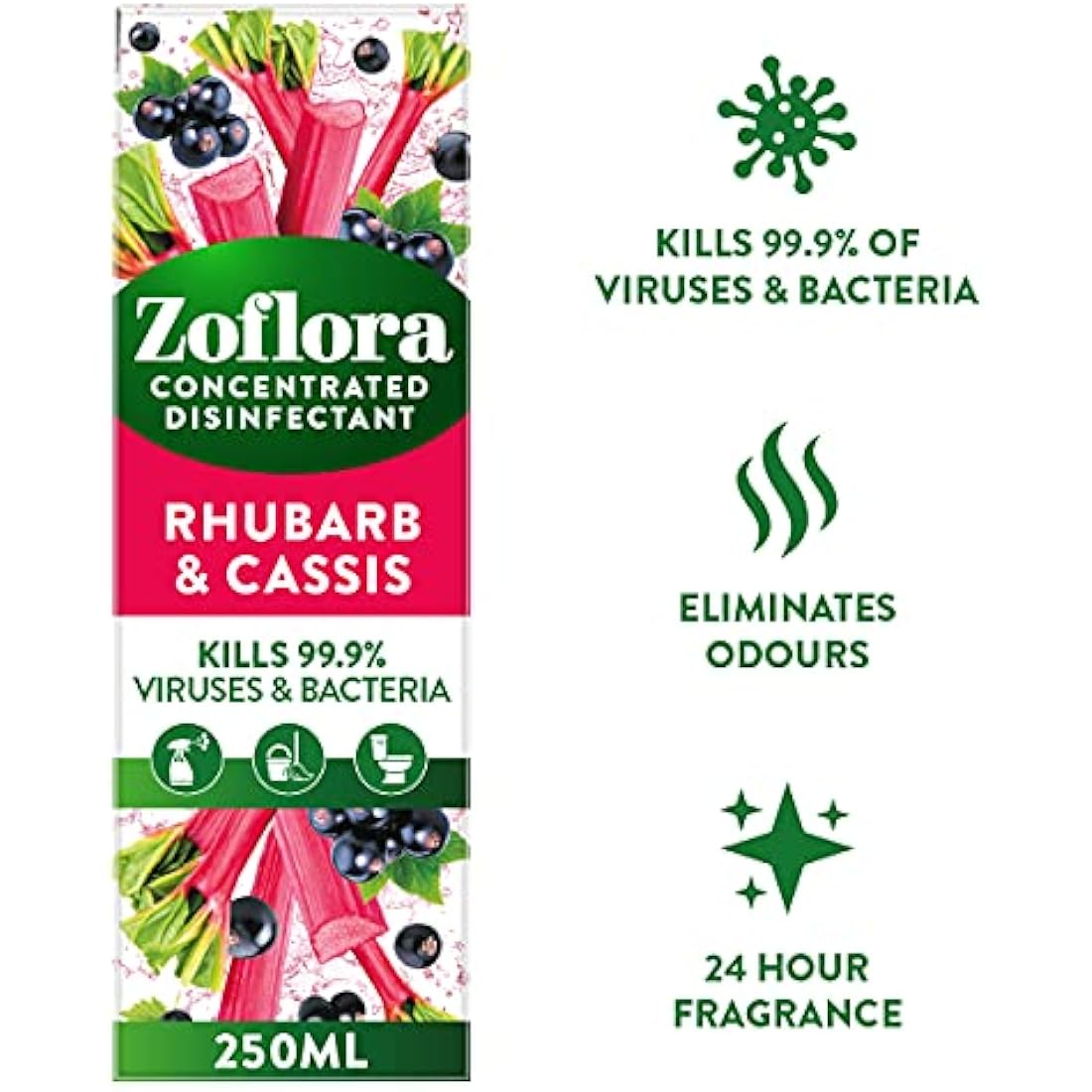 Zoflora Mixed Pack Concentrated Disinfectant Liquids, 8 x 250ml Pack, Includes Lemon Zing & Rhubarb & Cassis, Antibacterial Multi-Surface Cleaners, Kills 99.9% of Germs