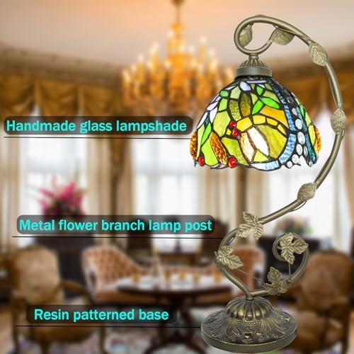Ppbmocw Tiffany Dragonfly Lamp,21x11x8 inches Stained Glass Lamp with Three-Color Dimming for Bedside Table,Antique Office,As A Gift to Family and Friends