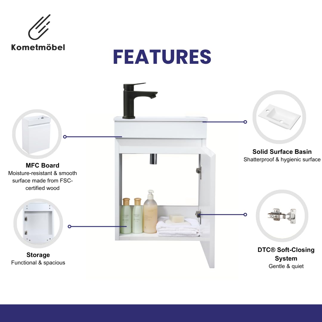 Kometmöbel 400mm Wall Hung Cloakroom Vanity Unit with Basin - Compact Slimline Bathroom Storage Cabinet Pre-Assembled (White 40cm, Excl. Waste & Tap)